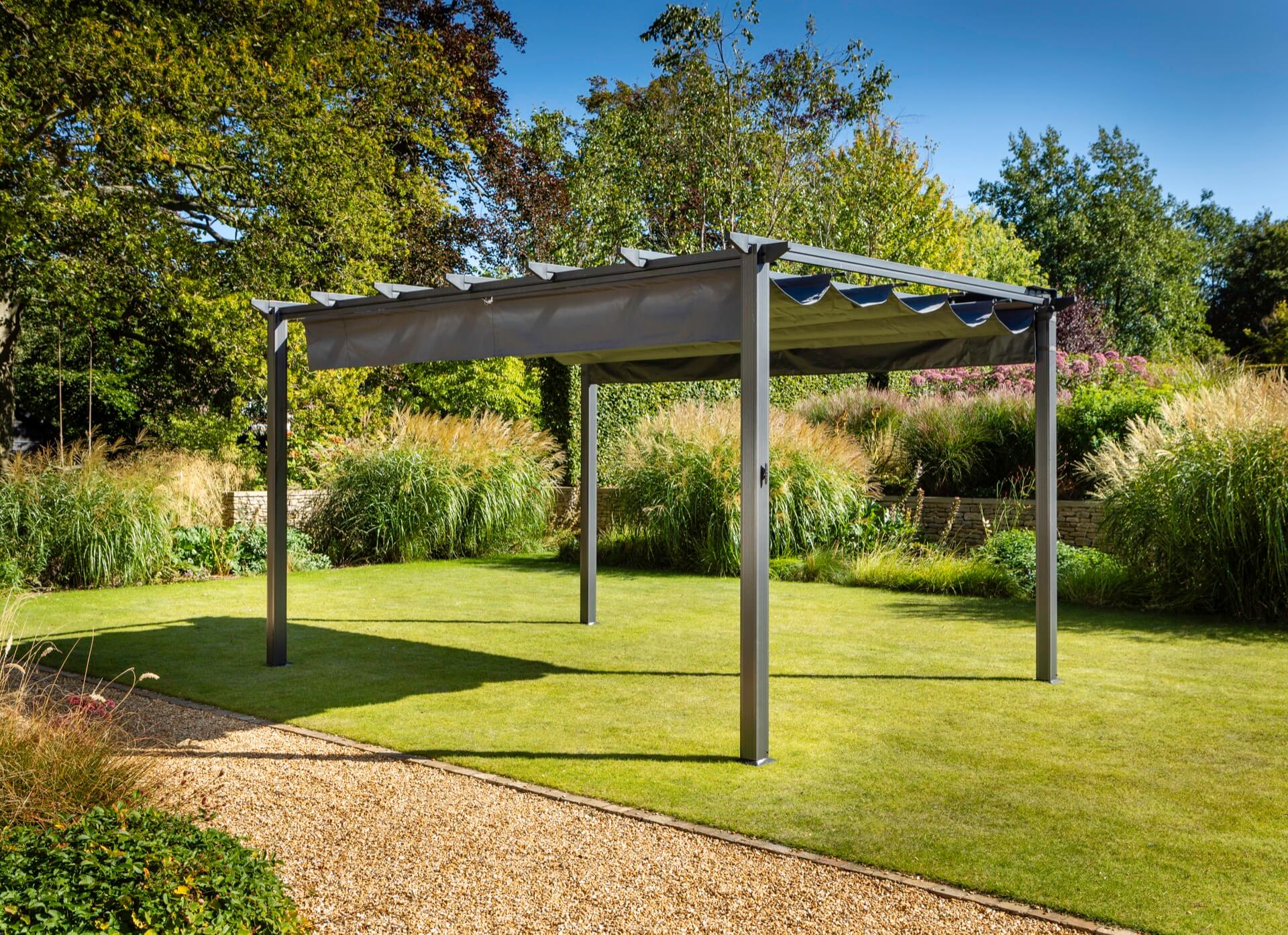 Hartman Roma Pergola 4x3m Grey Frame Top Canopy 1 Set Of Side Curtains Whilton Locks Garden Village