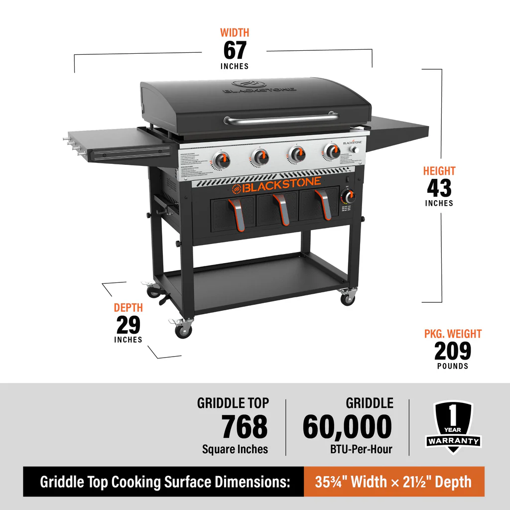 Blackstone Barbecue (BBQ) with 36 inch griddle and air fryer dimensions.