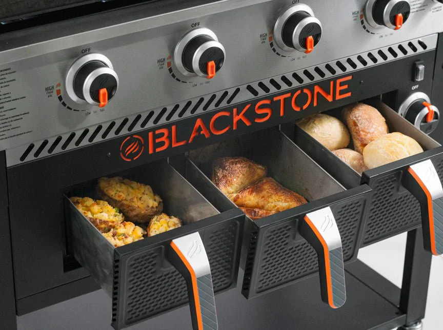 Blackstone Barbecue (BBQ) with 36 inch griddle and air fryer cooking jacket potatoes