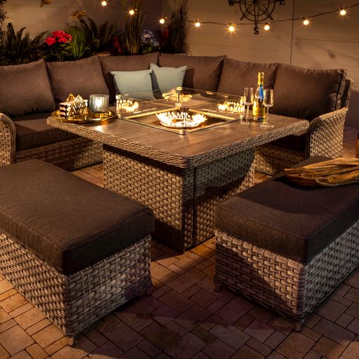 Hartman Heritage Tuscan Grand Square Casual Dining Set With Gas Fire Pit Table In Ash & Slate