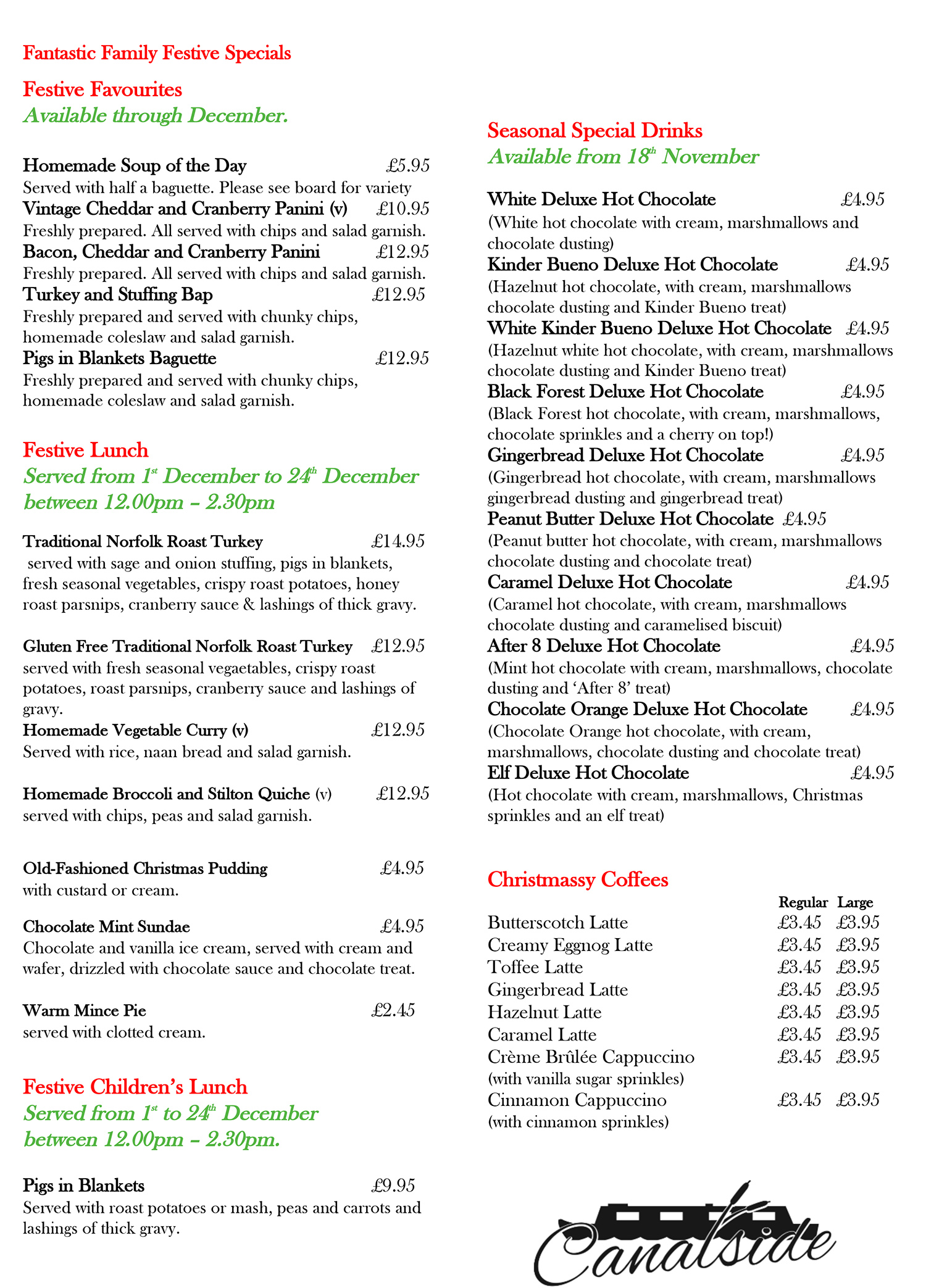 Whilton Locks Festive Menu